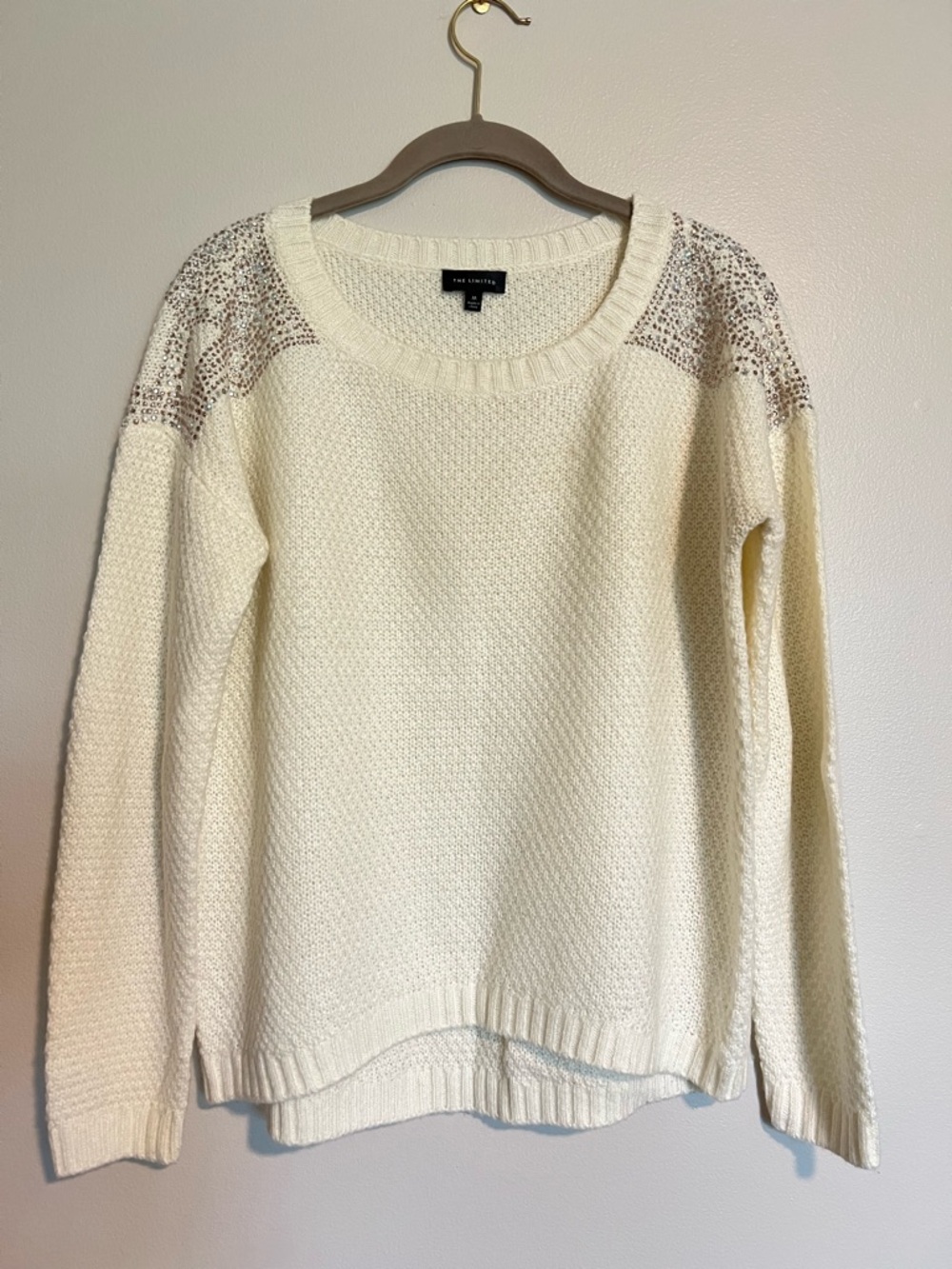 The Limited Cream Crewneck Sweater with Beaded Shoulder Detail